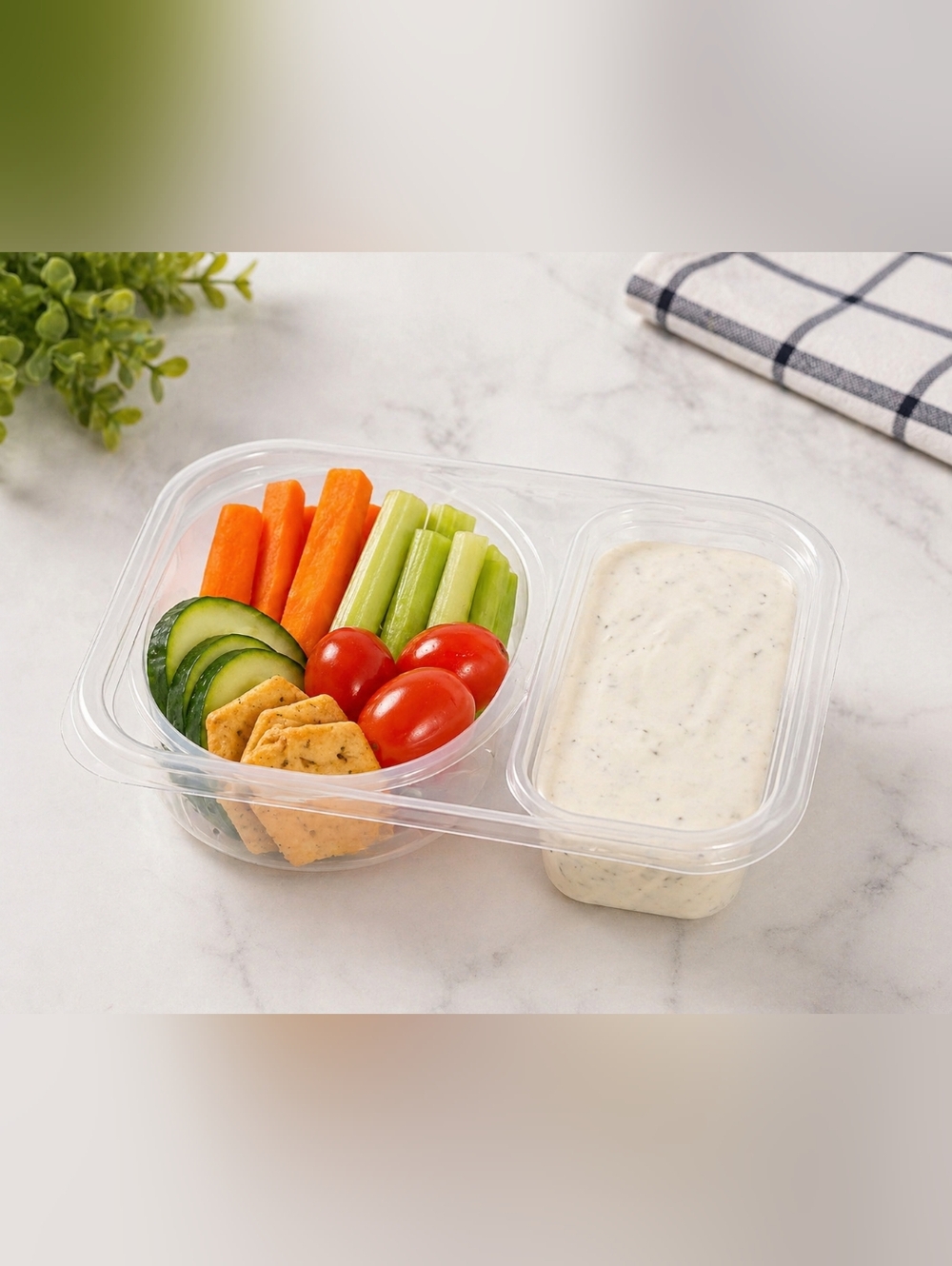 10pc Disposable Snack & Dipping Sauce Tray Set Clear Plastic Dual Compartment